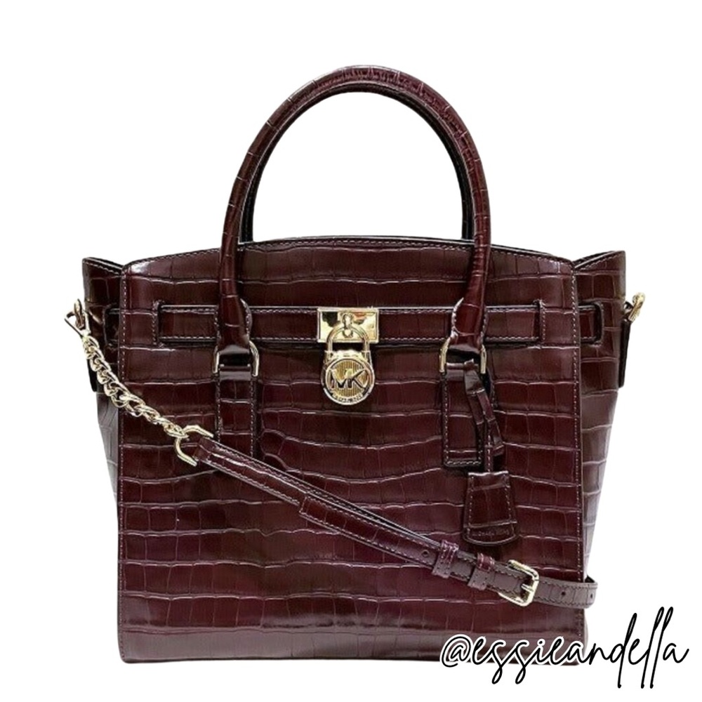Michael Kors Dark Brown Croc-Embossed Satchel with Gold Hardware